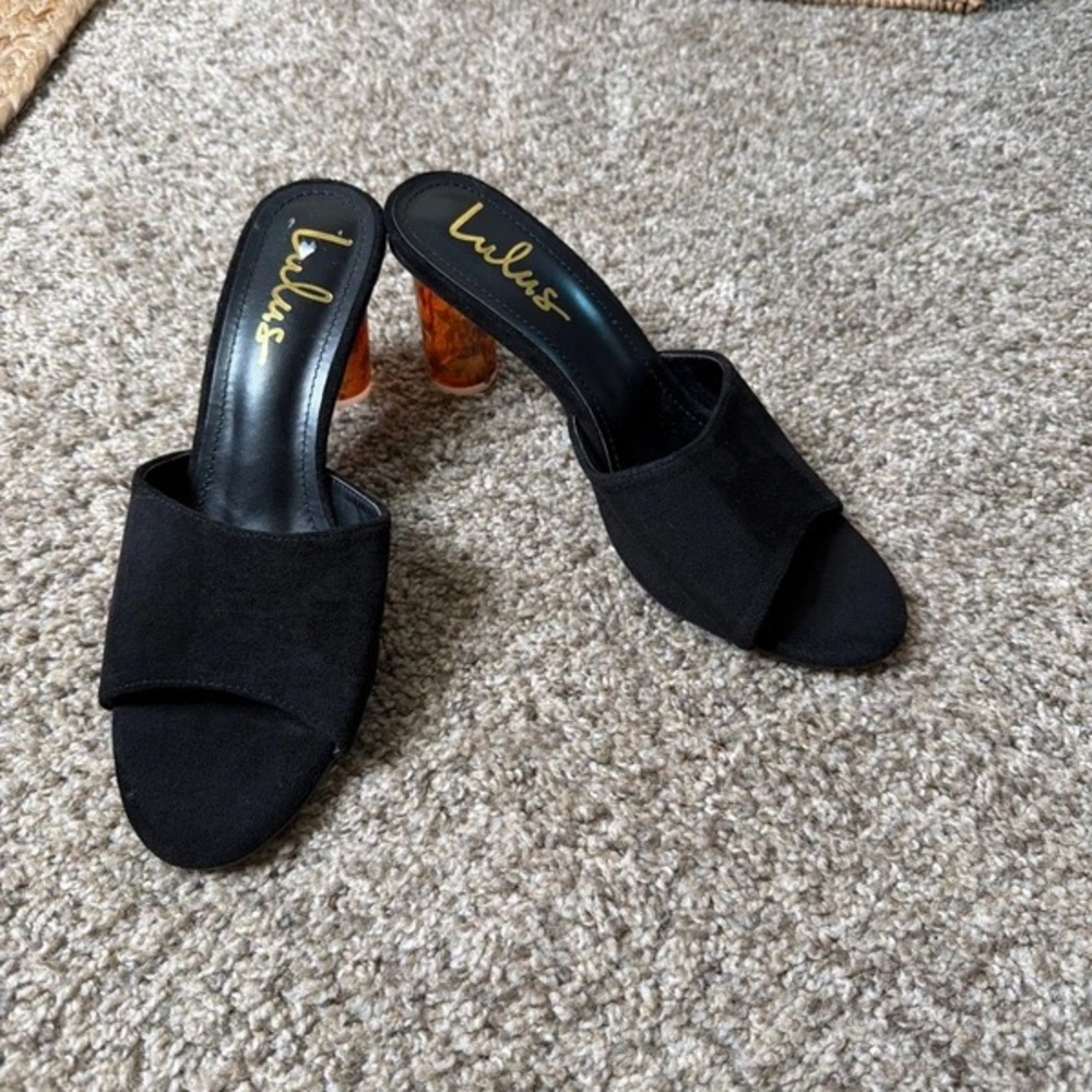 Lulu's Black Open-Toe Mules with Amber Tinted Block Heel